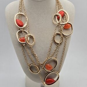 Stella & Dot Gold & Coral Orange Long Layering Station Necklace